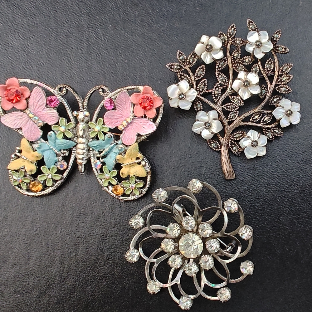 3 Brooches Of Floral And Butterfly, Silver And Gold-tone